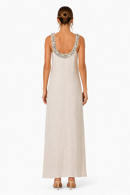 Set of 6 Beige Maxi Dress With Pearl Accent Neckline (S,M,L)