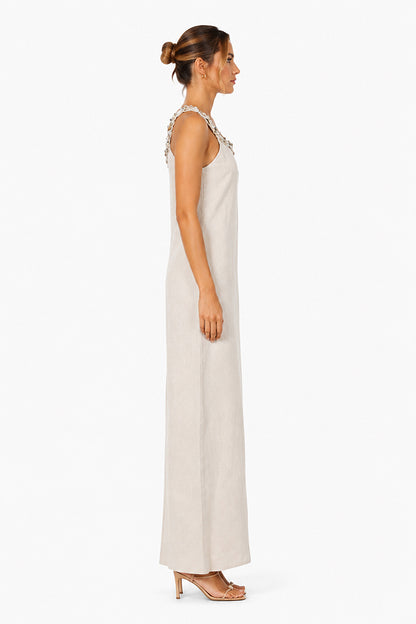 Set of 6 Beige Maxi Dress With Pearl Accent Neckline (S,M,L)