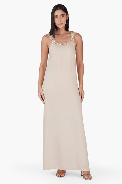 Set of 6 Beige Maxi Dress With Pearl Accent Neckline (S,M,L)