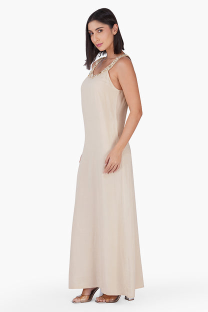 Set of 6 Beige Maxi Dress With Pearl Accent Neckline (S,M,L)