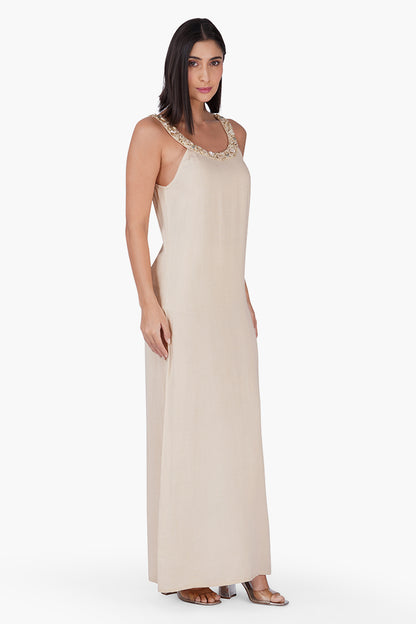 Set of 6 Beige Maxi Dress With Pearl Accent Neckline (S,M,L)