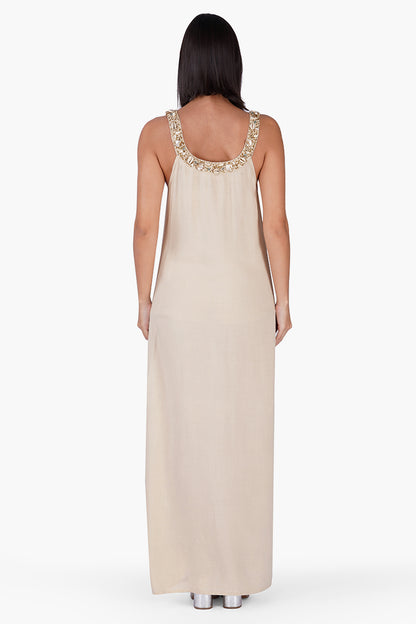 Set of 6 Beige Maxi Dress With Pearl Accent Neckline (S,M,L)