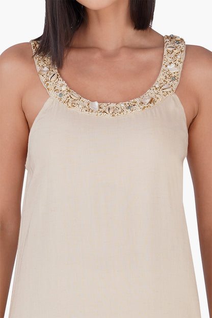 Set of 6 Beige Maxi Dress With Pearl Accent Neckline (S,M,L)
