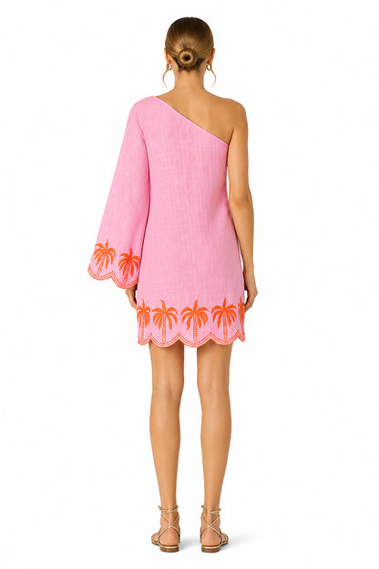 Set of 6 Preppy Palm Embrodiered Cabana One Shoulder Dress (S,M,L)