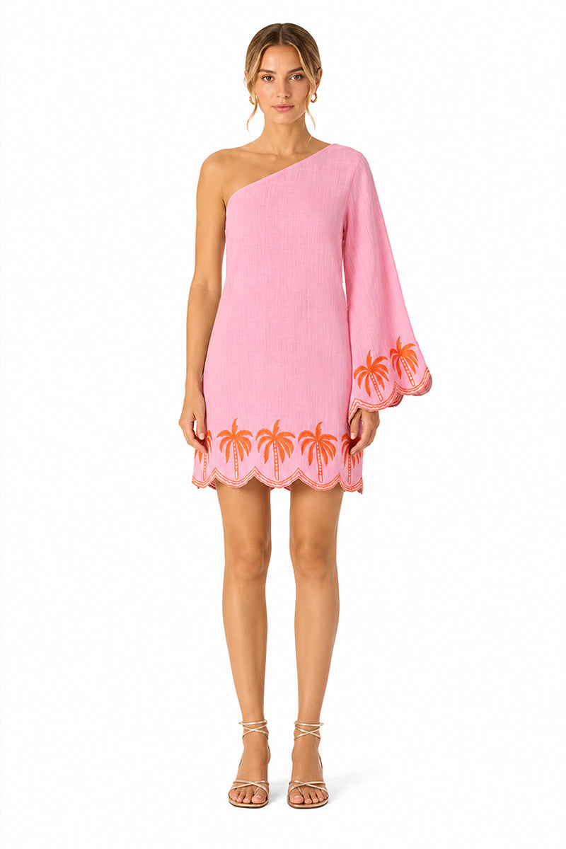 Set of 6 Preppy Palm Embrodiered Cabana One Shoulder Dress (S,M,L)