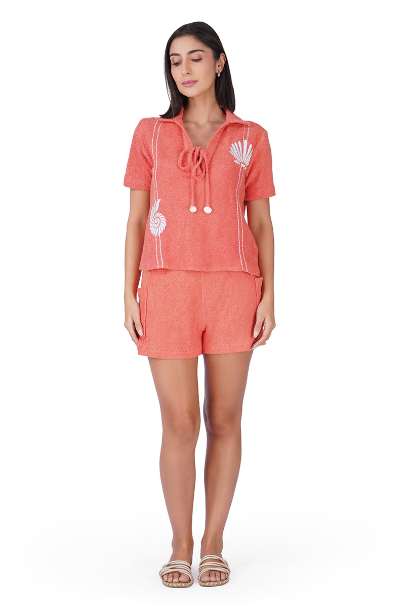 Set of 6 Coral Midsummer Terry Embroidered Shorts (S,M,L)