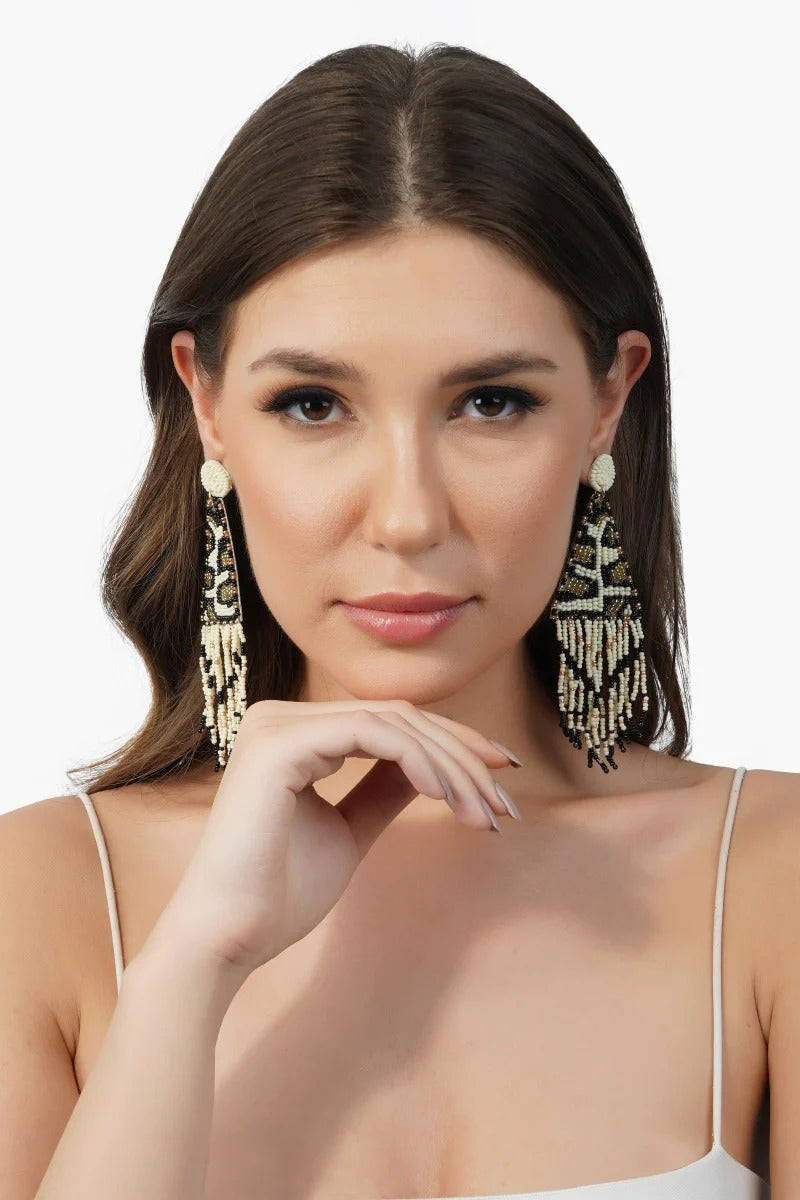 Leopard Bead Fringe Earrings