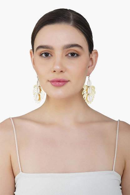 Gold Tropical Leaf Shell Earrings