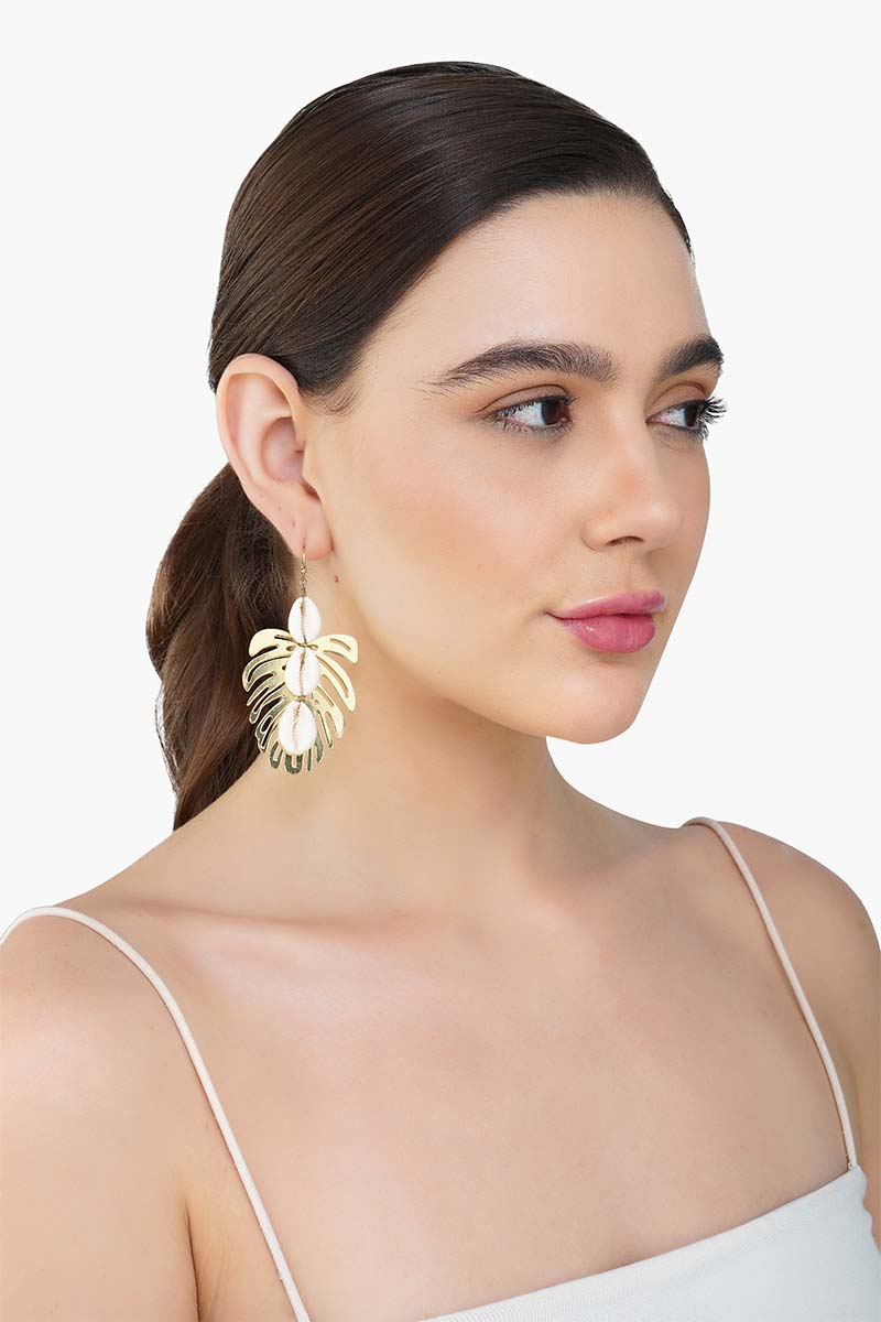 Gold Tropical Leaf Shell Earrings