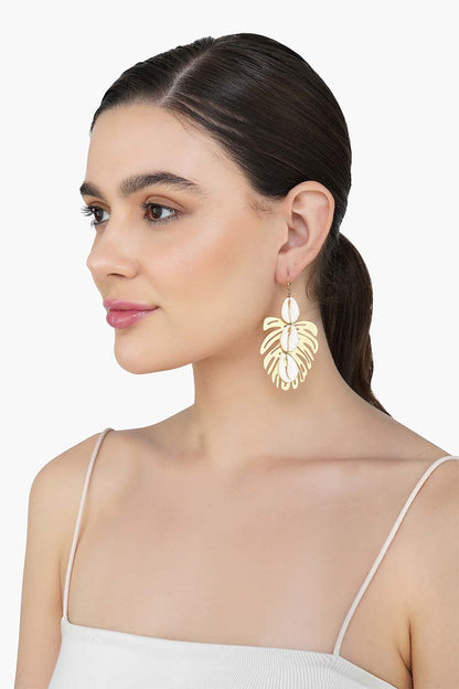 Gold Tropical Leaf Shell Earrings