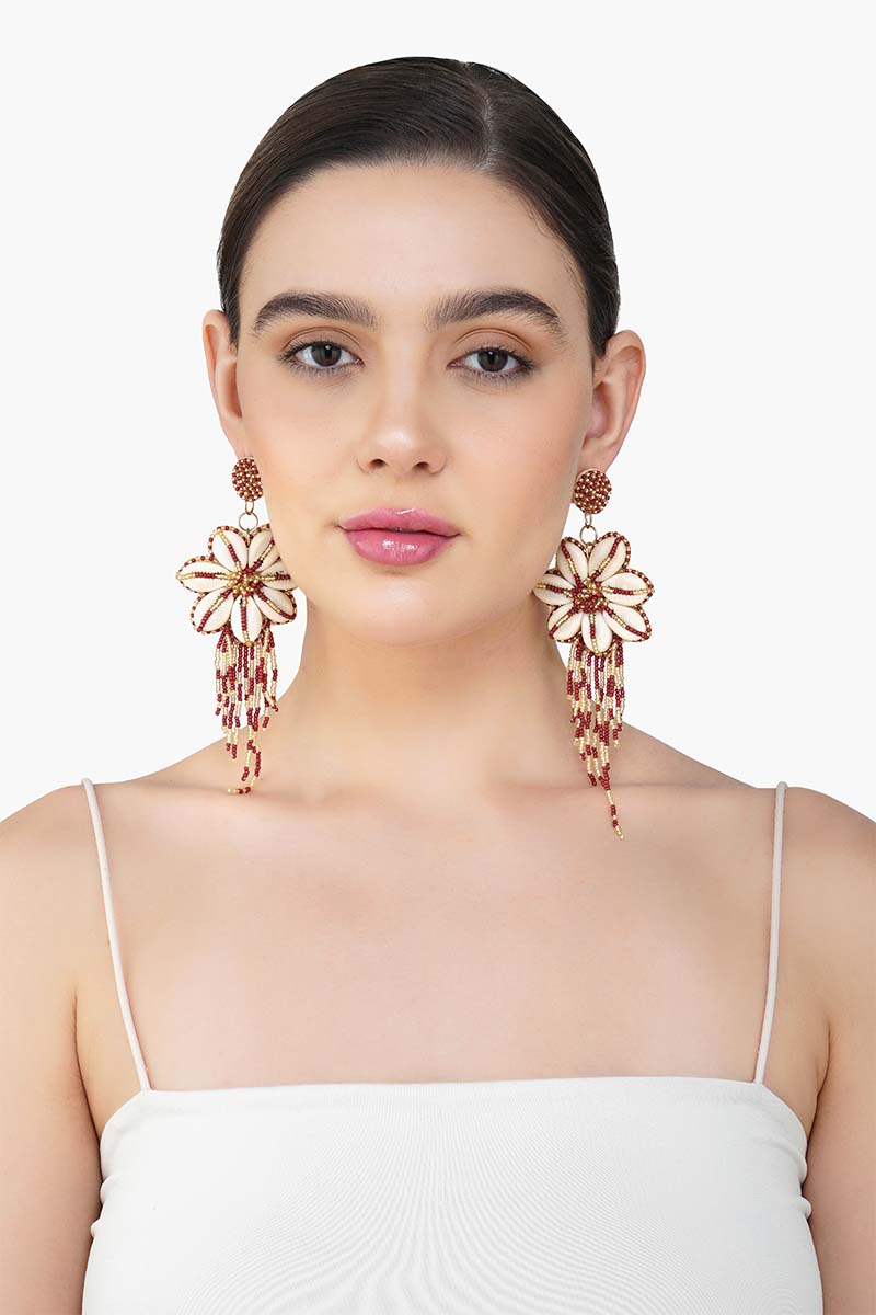 Floral Seashell Beaded Tassel Earrings