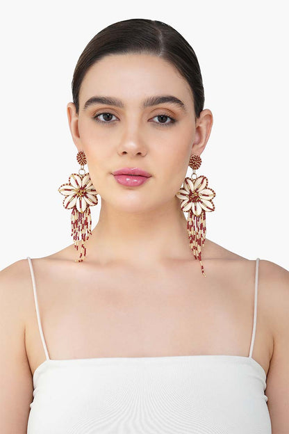 Floral Seashell Beaded Tassel Earrings