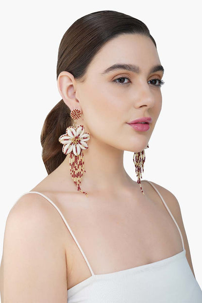 Floral Seashell Beaded Tassel Earrings