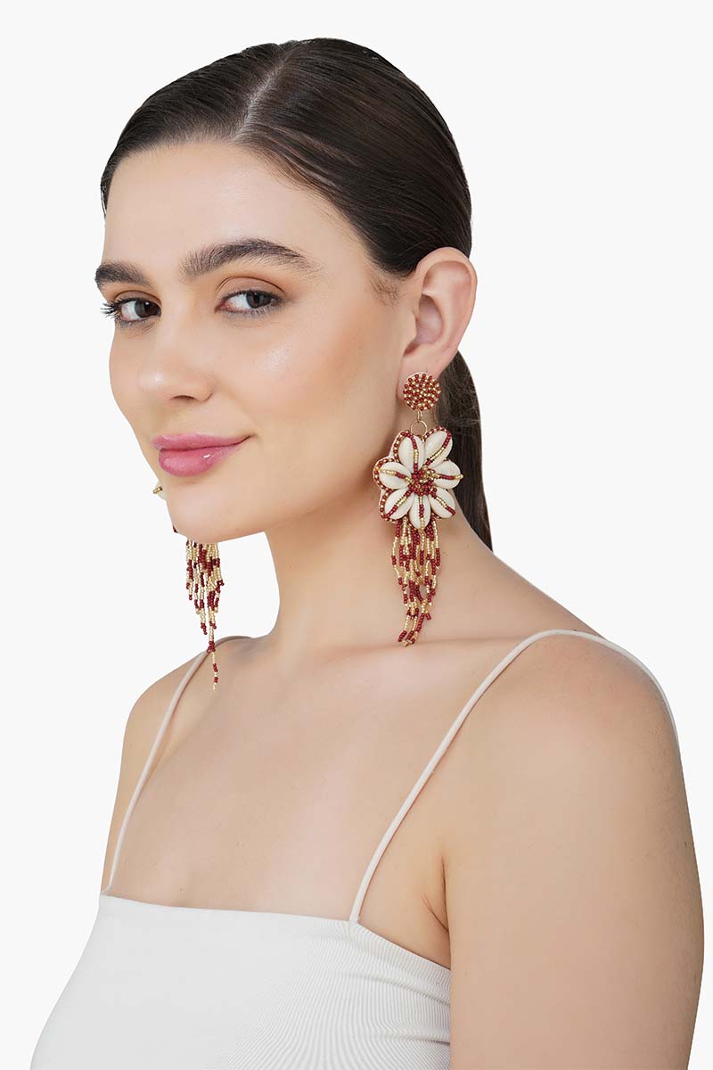 Floral Seashell Beaded Tassel Earrings