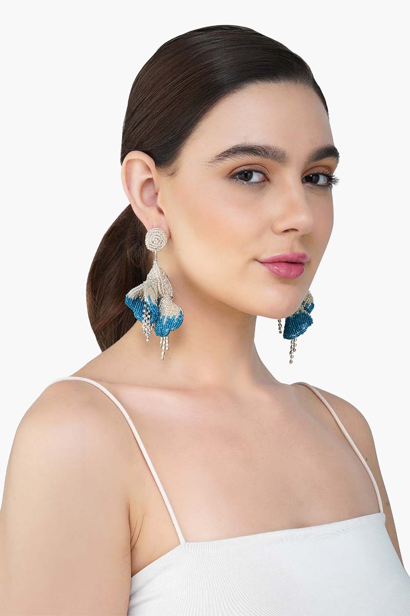 Blue and Silver Petal Drop Earrings