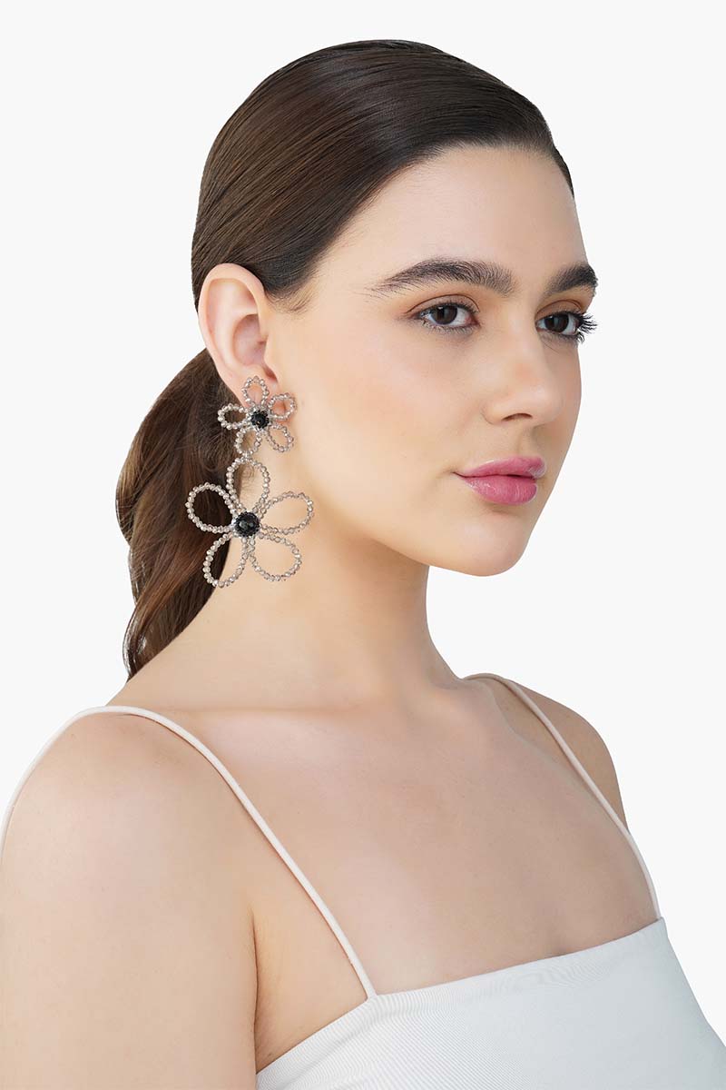 Silver Beaded Floral Drop Earrings