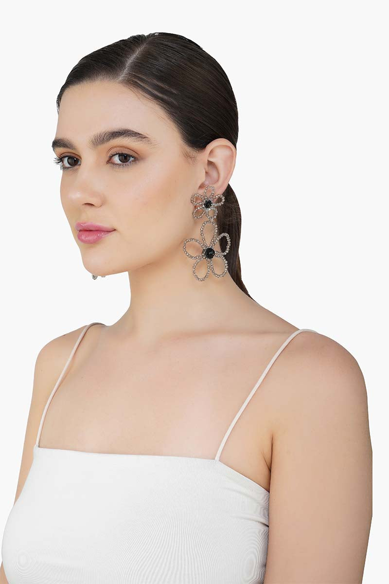 Silver Beaded Floral Drop Earrings