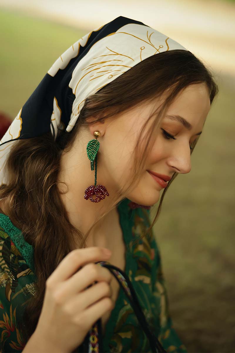 Red and Green Beaded Flower Earrings
