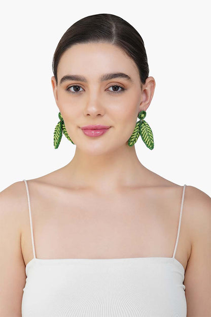 Green Beaded Leaf Drop Earrings