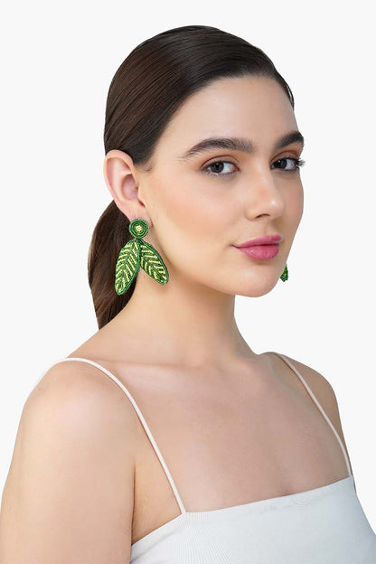 Green Beaded Leaf Drop Earrings