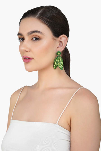 Green Beaded Leaf Drop Earrings