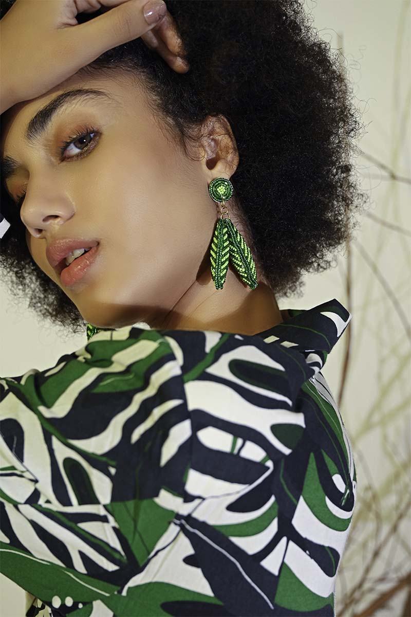 Green Beaded Leaf Drop Earrings