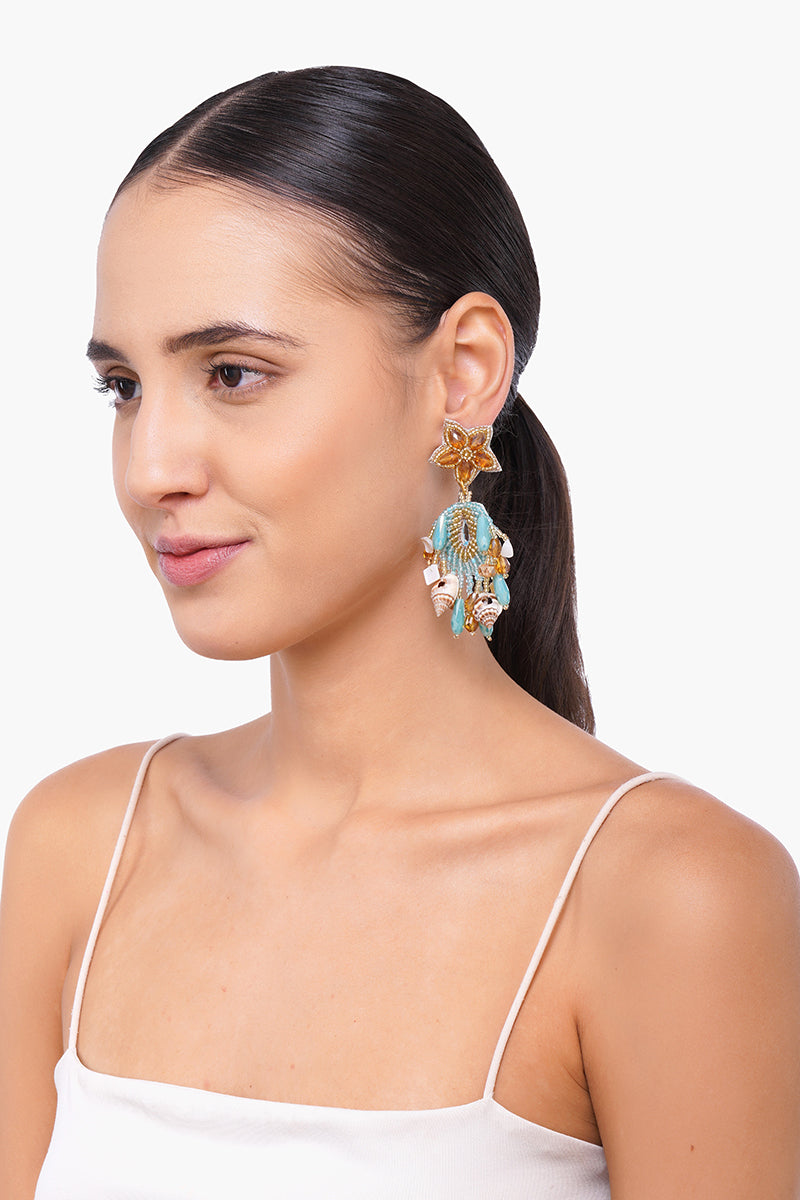 Aqua Beaded Shell Earrings