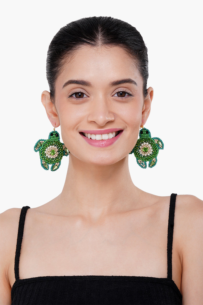Emerald Turtle Beaded Earrings