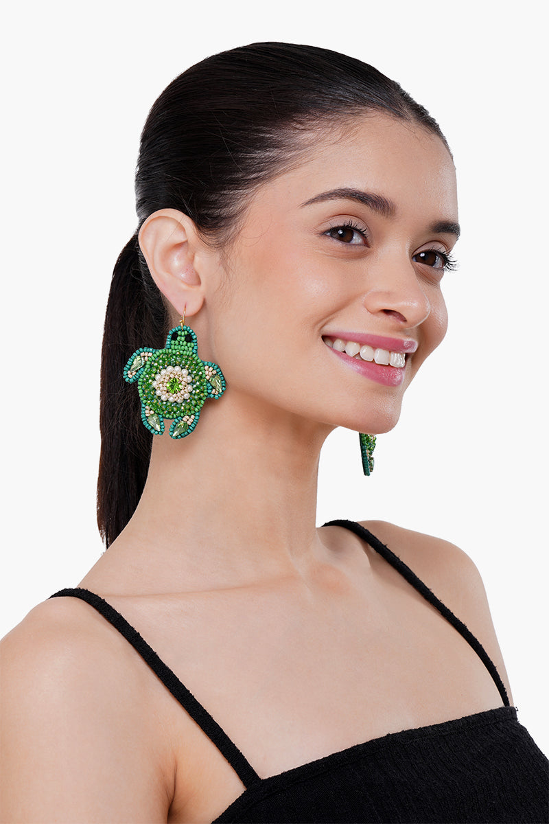 Emerald Turtle Beaded Earrings