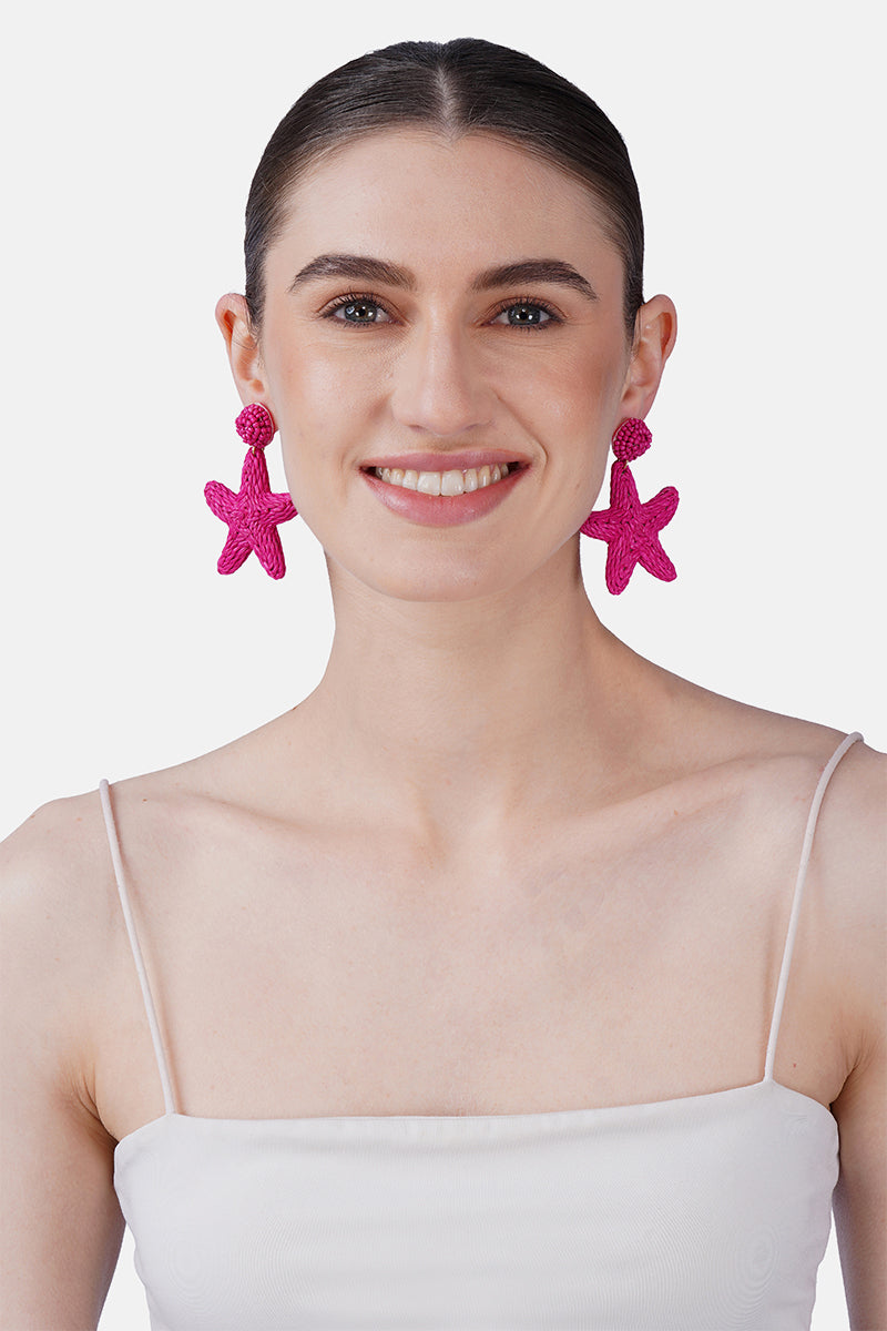 Fushia Seablush Starfish Hand-Beaded Statement Earrings
