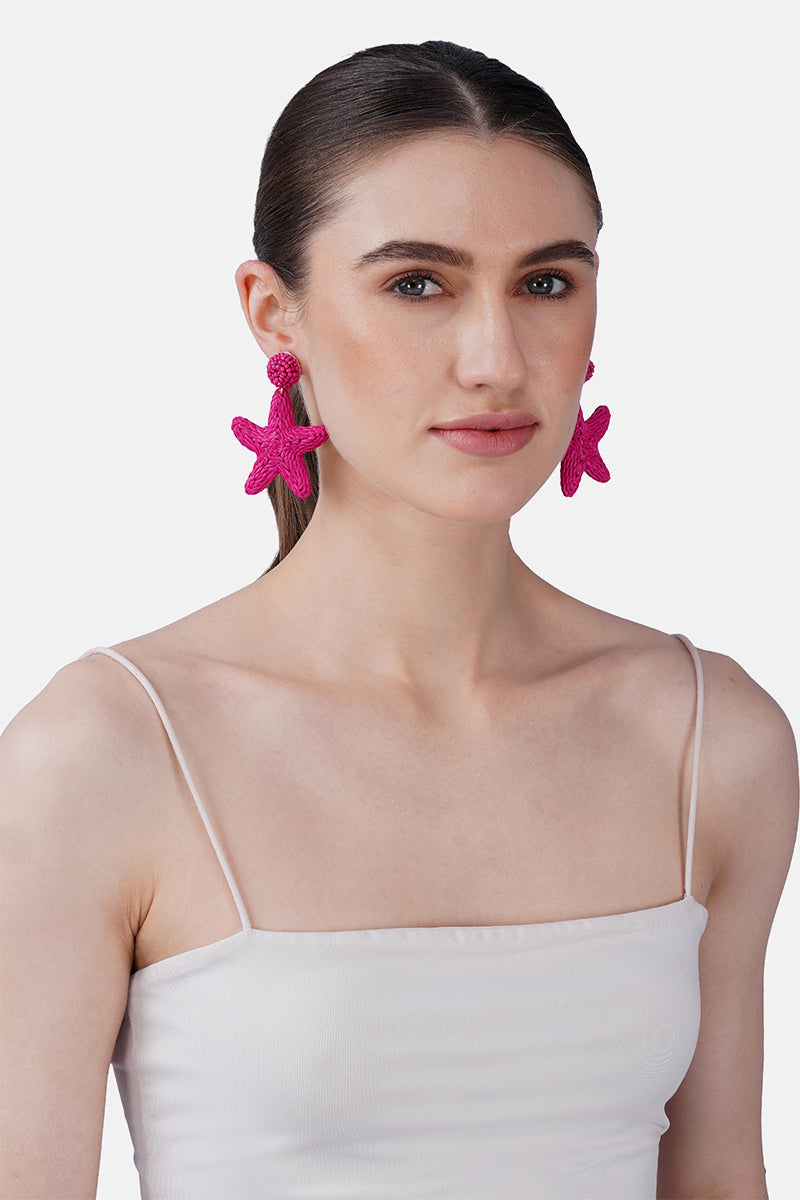Fushia Seablush Starfish Hand-Beaded Statement Earrings