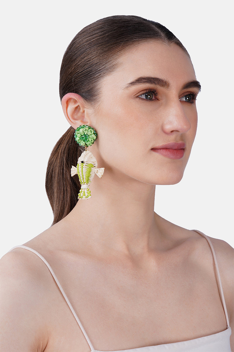 Coastal Fish Tale Raffia Hand-Beaded Statement Earrings