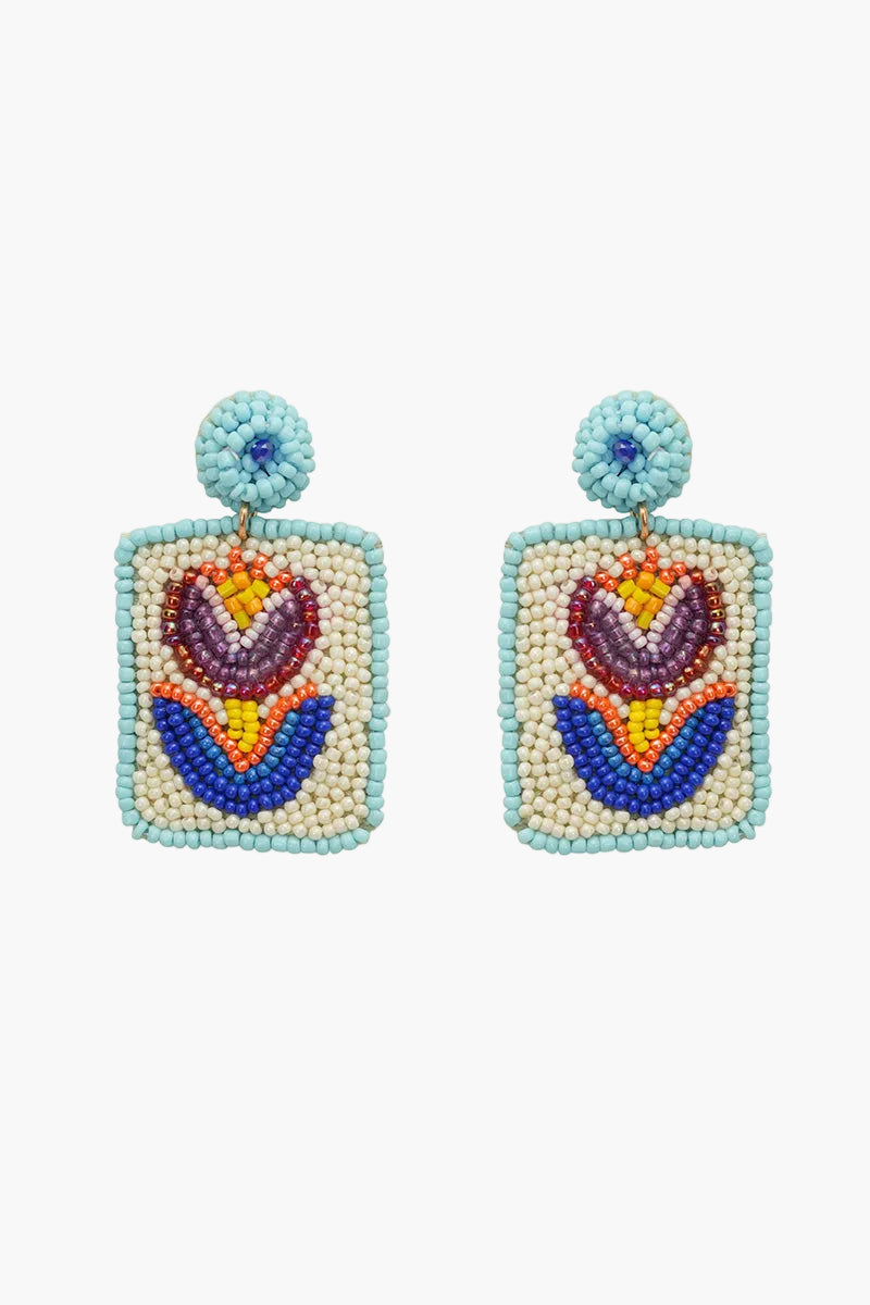 Pair of beaded earrings with colorful heart design on a white background