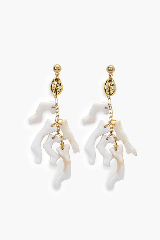 Pair of white coral-like earrings with gold accents on a white background
