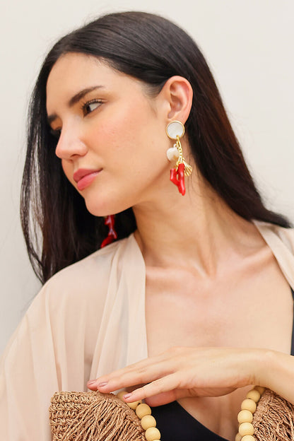Gold Shell & Red Coral Reef Statement Earrings