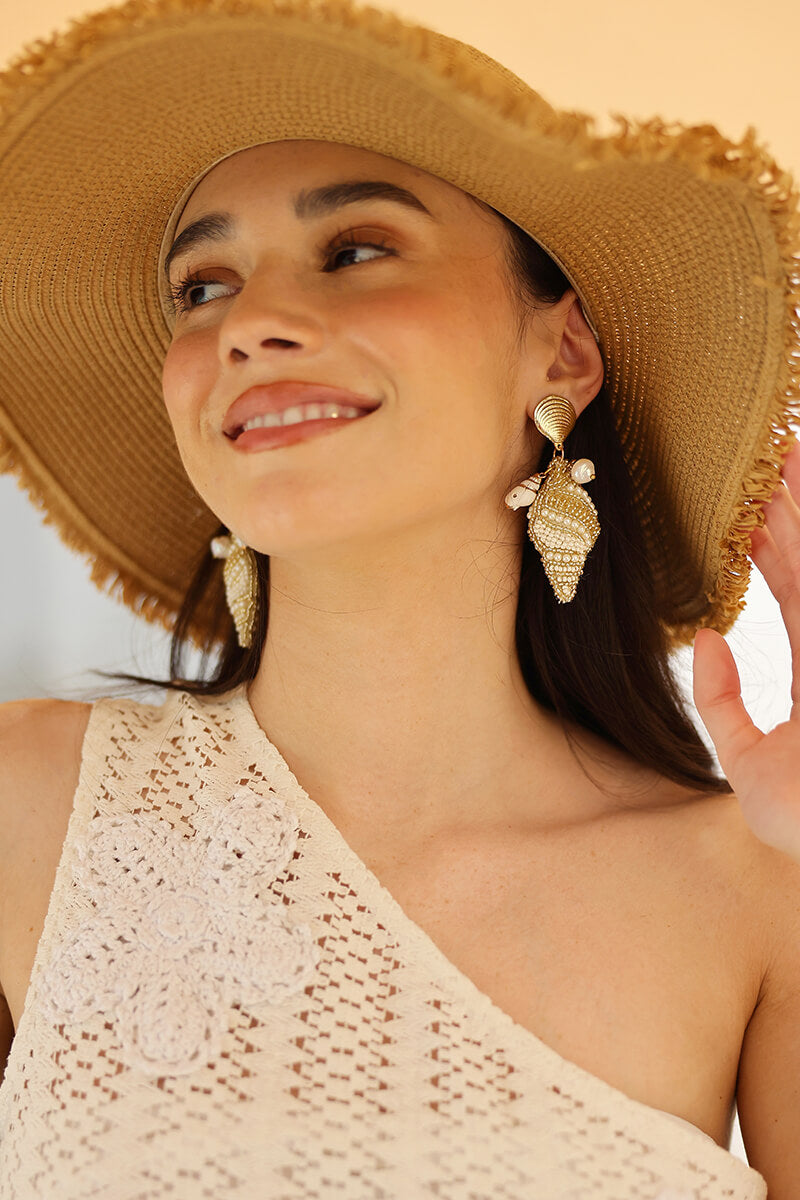 Pearl Conch Shell Statement Drop Earrings