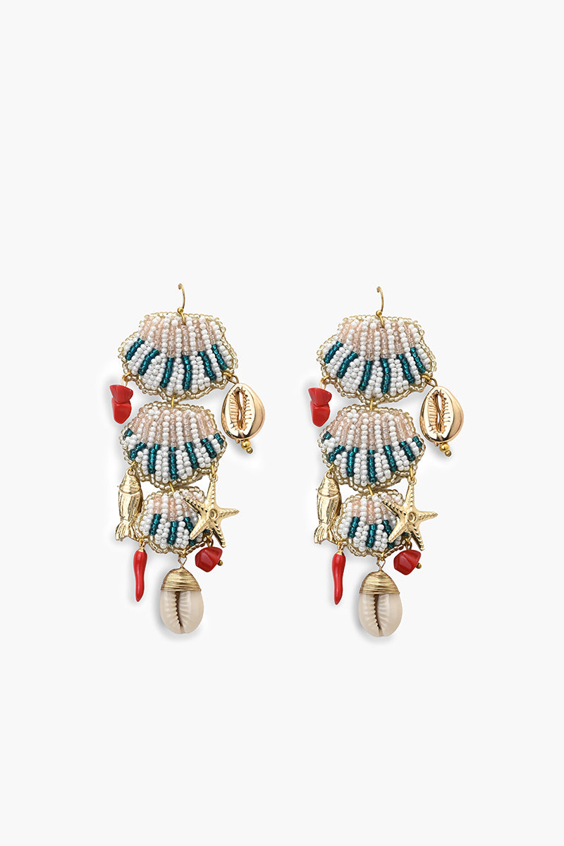 Beaded Shell Tiered Statement Drop Earrings
