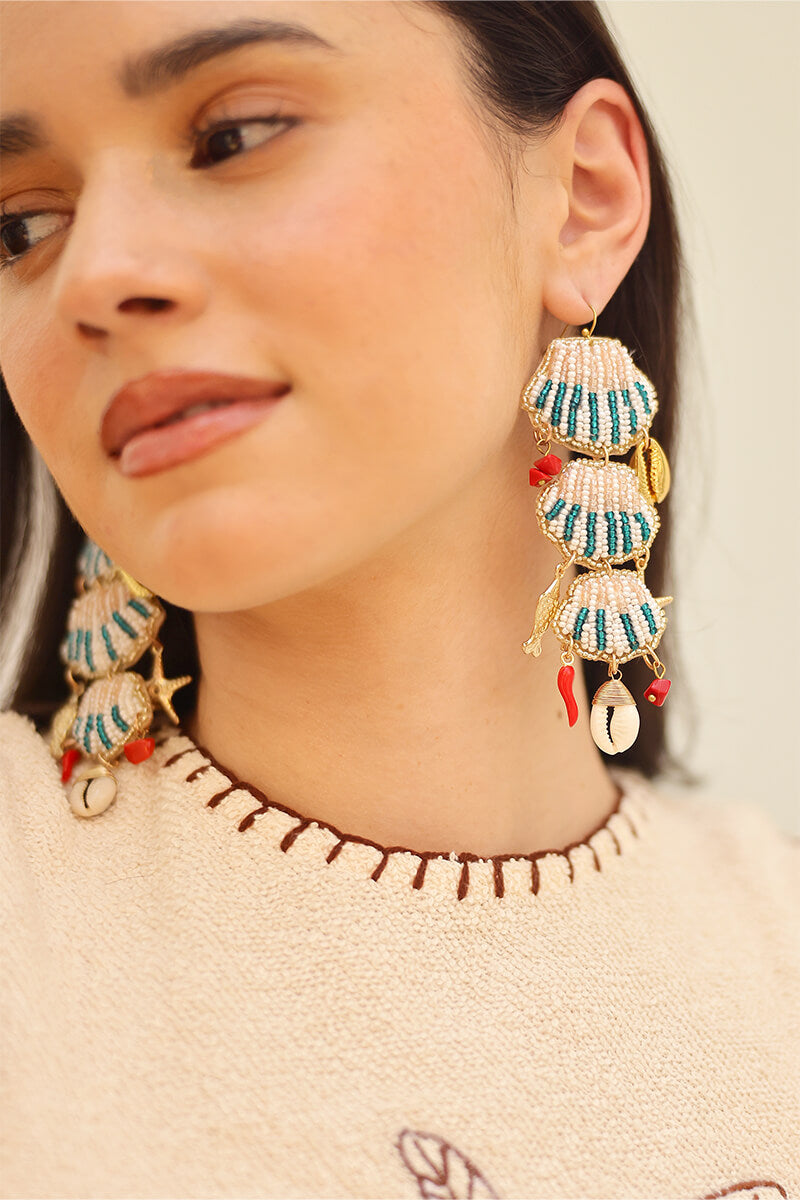 Beaded Shell Tiered Statement Drop Earrings
