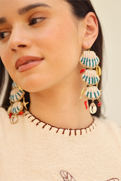 Beaded Shell Tiered Statement Drop Earrings