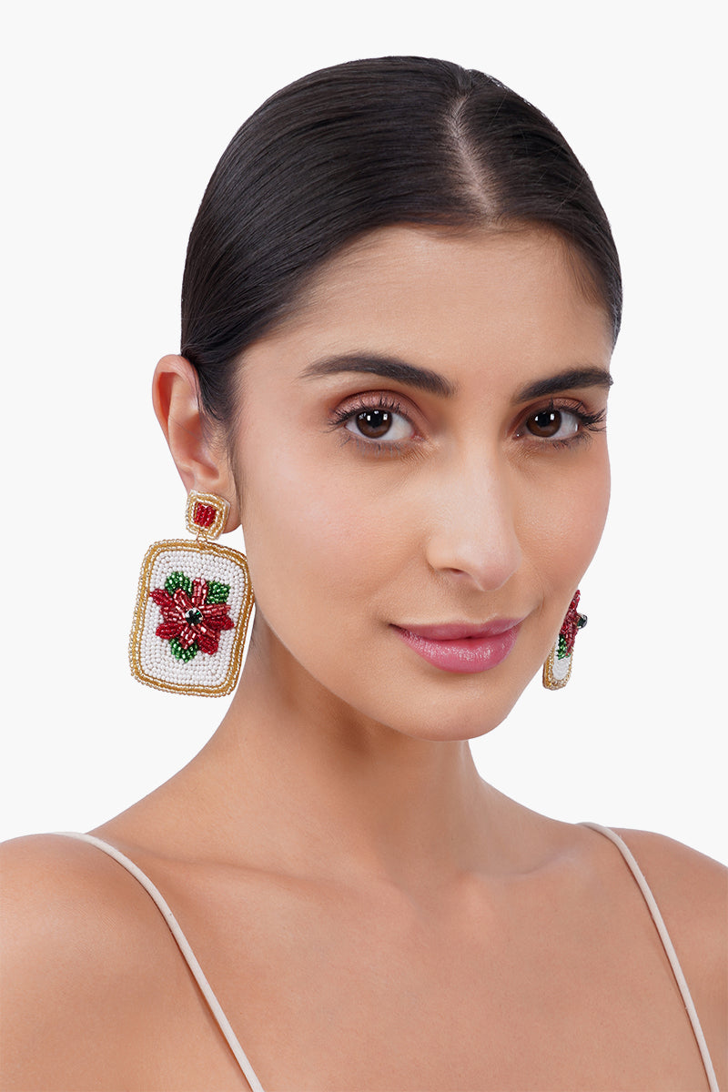 Poinsettia Bloom Mahjong  Beaded Drop Earrings