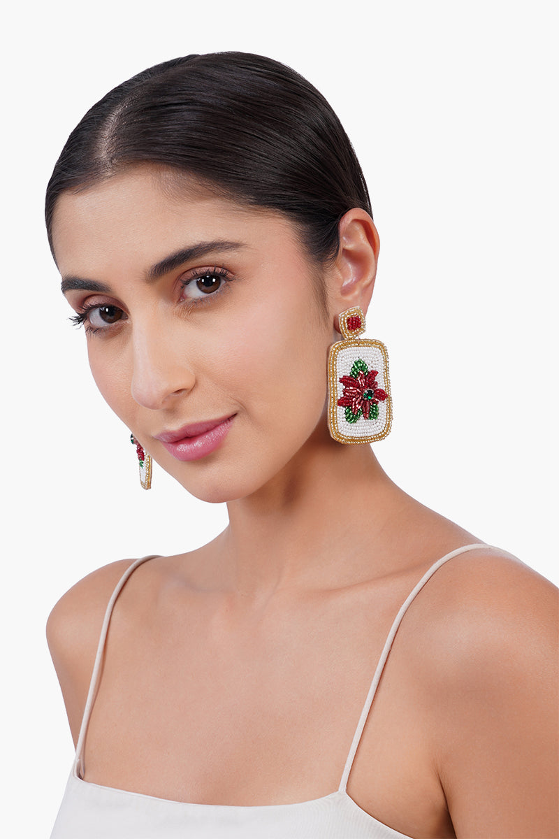 Poinsettia Bloom Mahjong  Beaded Drop Earrings