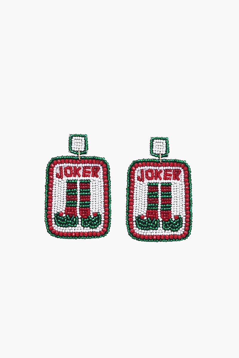 Pair of earrings with 'Joker' design on a white background