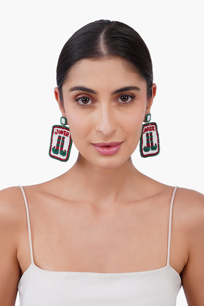 Joker  Card Holiday Statement Beaded  Earrings