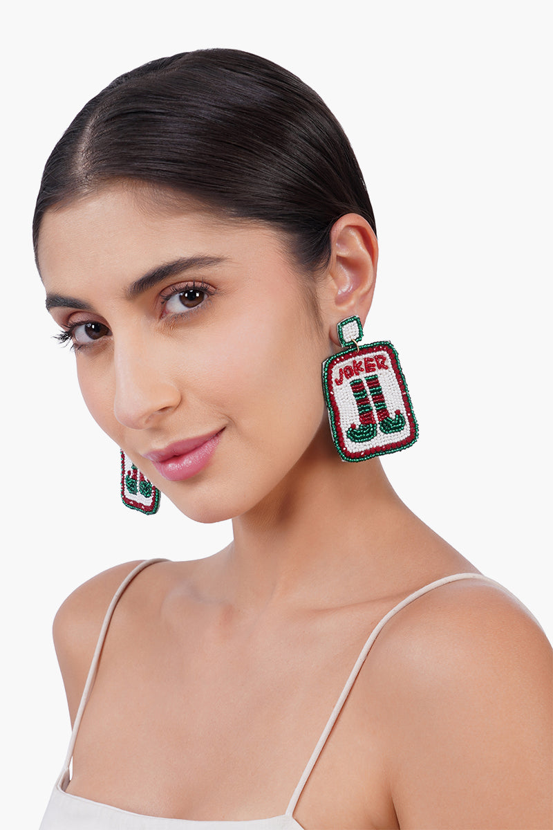 Joker  Card Holiday Statement Beaded  Earrings