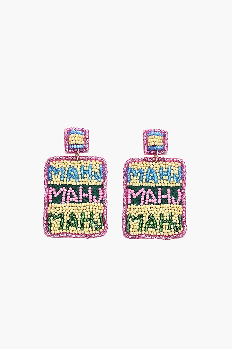 Colorful beaded earrings with 'MAHJ' text on a white background