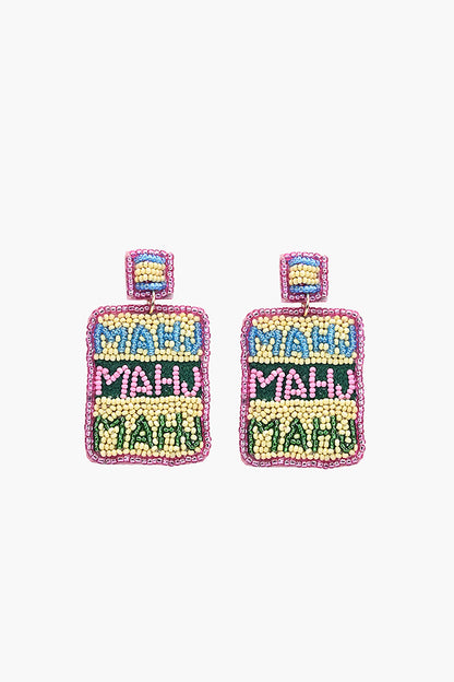 Colorful beaded earrings with 'MAHJ' text on a white background