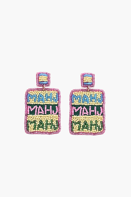 Colorful beaded earrings with 'MAHJ' text on a white background