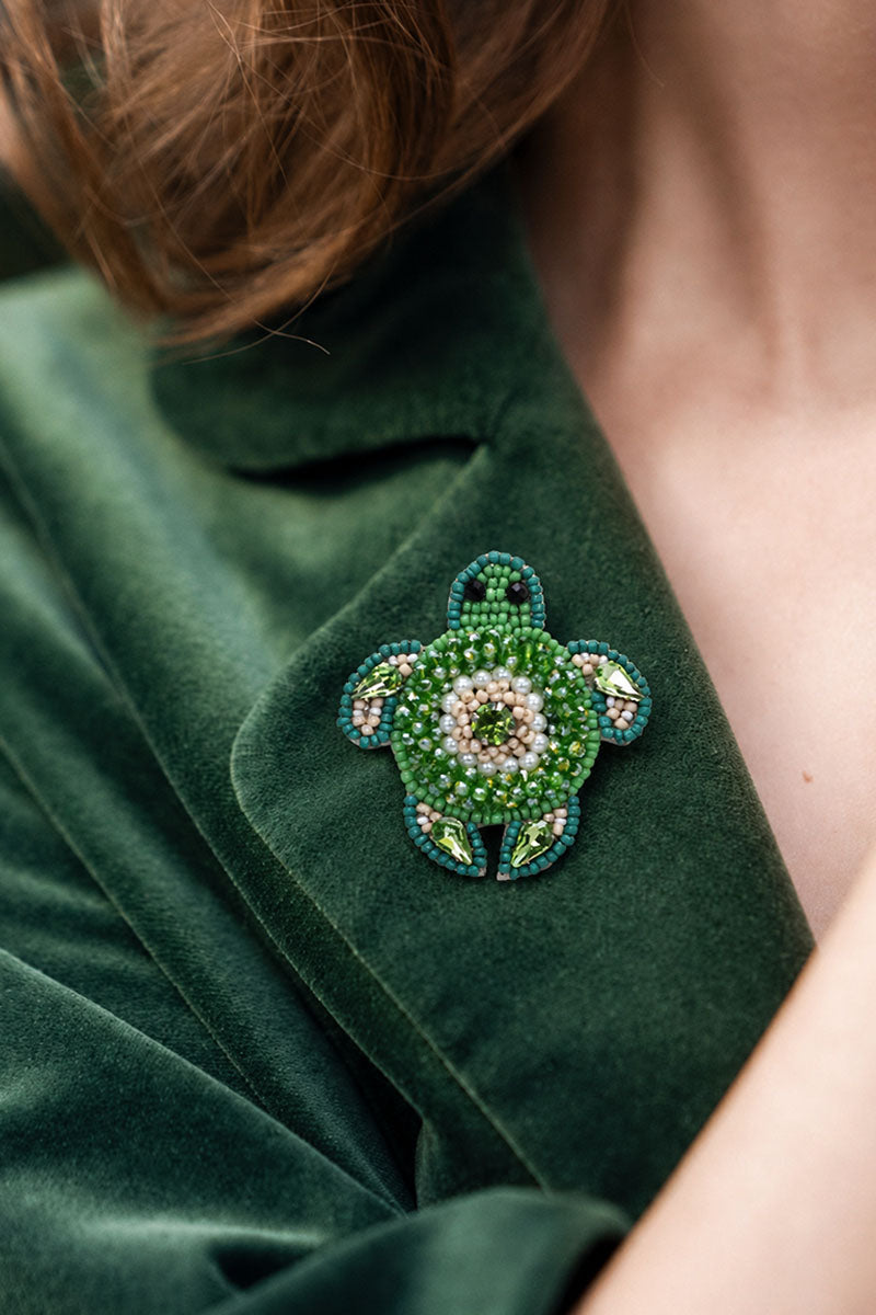 Emerald Turtle Beaded Brooch