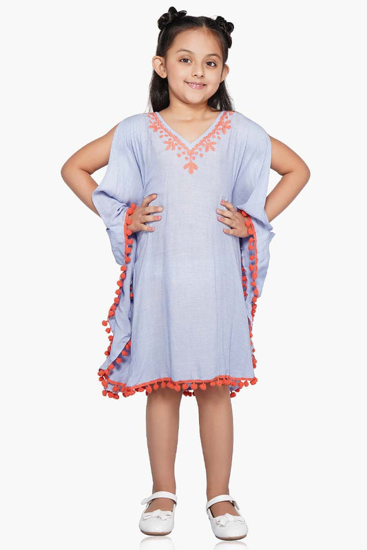 Blue Heron Embroidered Kaftan With Pom Pom  4-7 Years