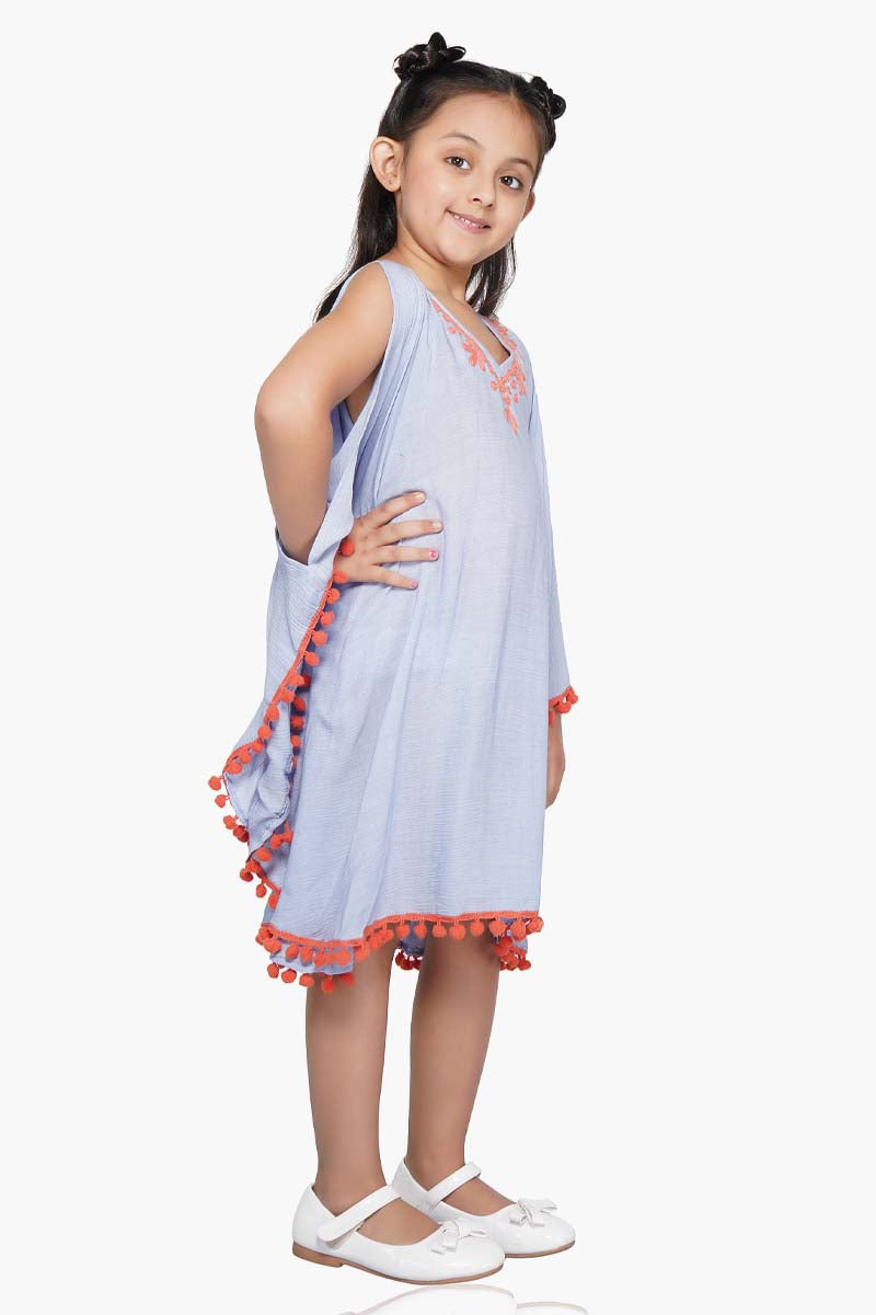 Blue Heron Embroidered Kaftan With Pom Pom  4-7 Years